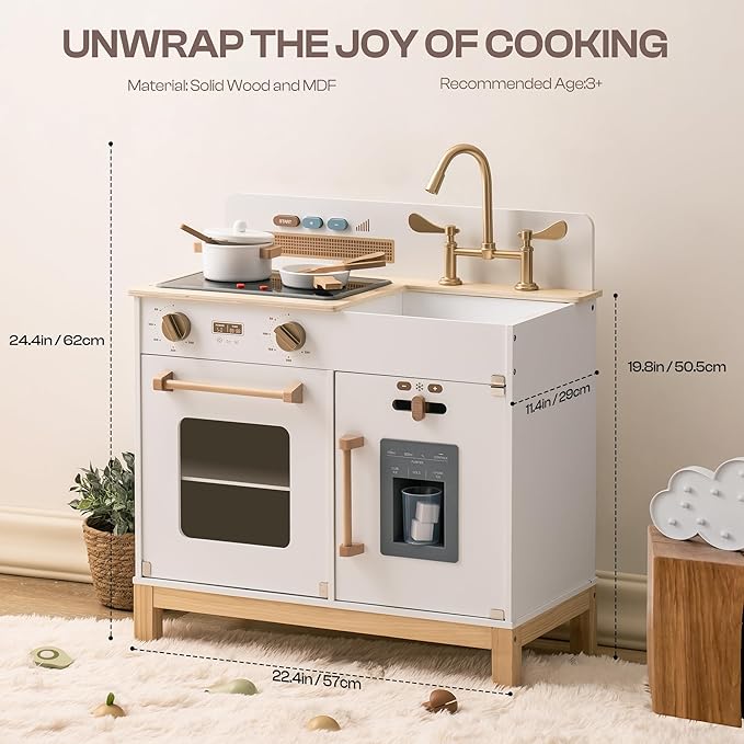 ROBOTIME Play Kitchen for Toddlers, Wooden Kids Play Kitchen Playset with Real Lights & Sounds/Ice Cube Dispenser, Pretend Play Montessori Toy Kitchen, Gift for Ages 3+