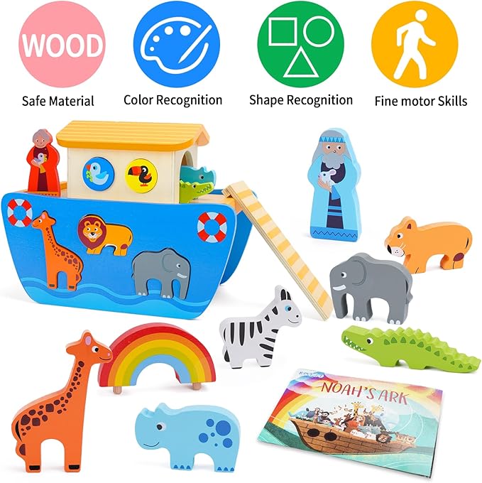 KMTJT Toddlers Wooden Noah's Ark Toy Animal Playset, Baptism Gifts for 1 2 3 Boys Girls, Shape Sorter Early Learning Montessori Toys with Bible Story Book for 12 18 24 Months Babies