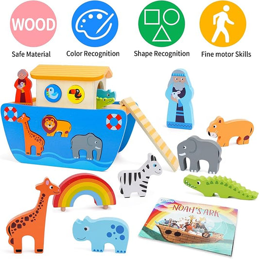 KMTJT Toddlers Wooden Noah's Ark Toy Animal Playset, Baptism Gifts for 1 2 3 Boys Girls, Shape Sorter Early Learning Montessori Toys with Bible Story Book for 12 18 24 Months Babies
