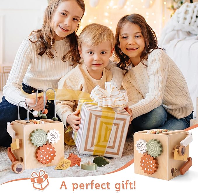 ibwaae 5 in 1 Wooden Activity Cube Play Center Bead Maze Leaves Shape Sorter Learning Montessori Toys for Toddlers 1-3 Early Educational Developmental Learning Toys for Kids