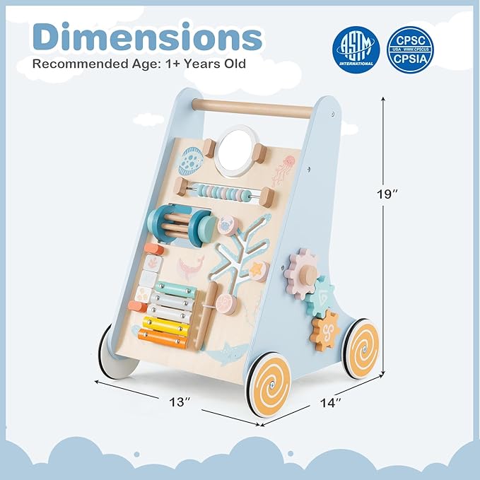 HONEY JOY Baby Push Walker, Wooden Infant Walker Activity Center with Shape Sorter, Develop Motor Skills & Creativity, Push Toys for Babies Learning to Walk, Gift for Boys & Girls