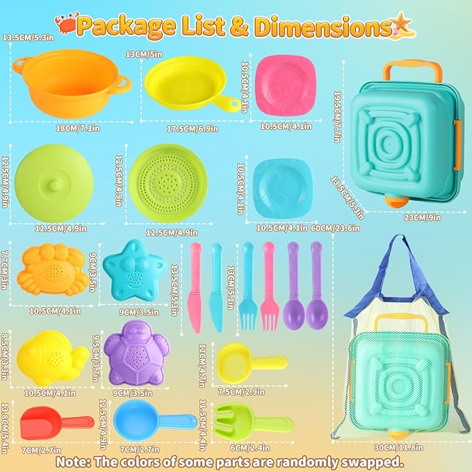 Beach Sand Toys for Toddlers, Seaside Sand Cooking Play Set, Kids Sandbox Toys with Sand Molds and Shovels, Mesh Bag, Baby Boys Girls Outdoor Toys Travel Beach Essentials