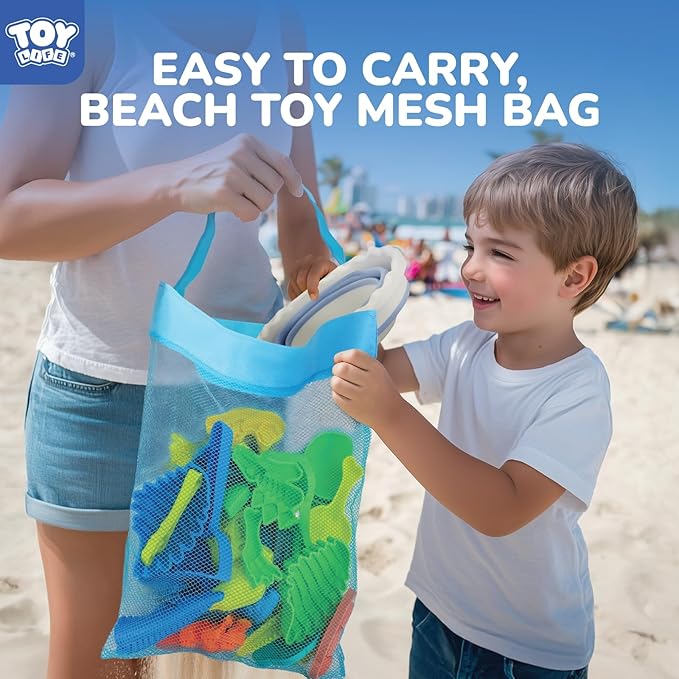 TOY Life 30 Pcs Dinosaur Fossil Beach Toys for Kids Ages 4-8 Collapsible Sand Toys with Dinosaur Toys Silicone Bucket Shovels & Dino Digging Building Kit Molds, Sandbox Toy for Summer, Travel