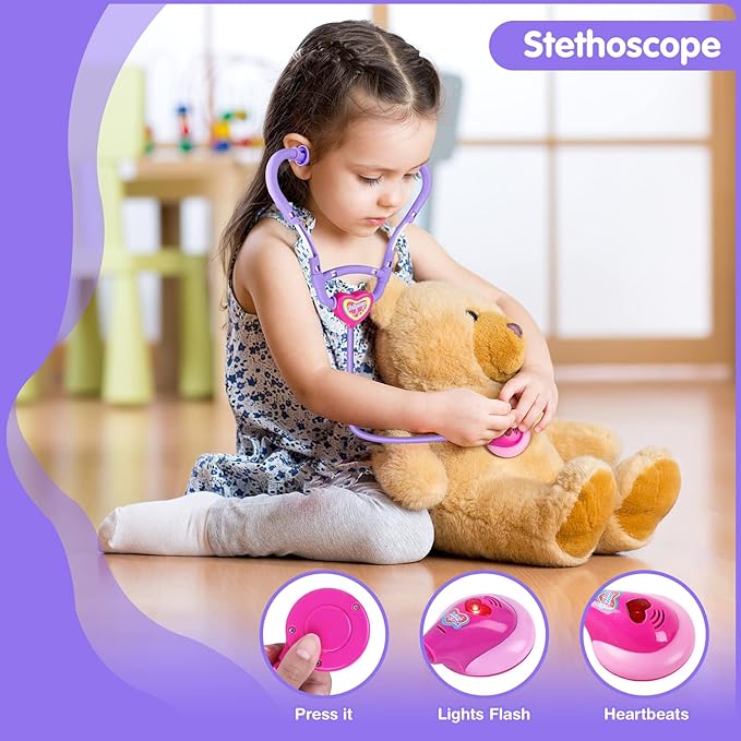 GIFTINBOX Kids Doctor Kit for Girls and Boys , Purple Doctors kit for Kids 22 Pieces Pretend Play Medical Toys Set with Roleplay Doctor Costume and Carry Bag for Little Girls-B