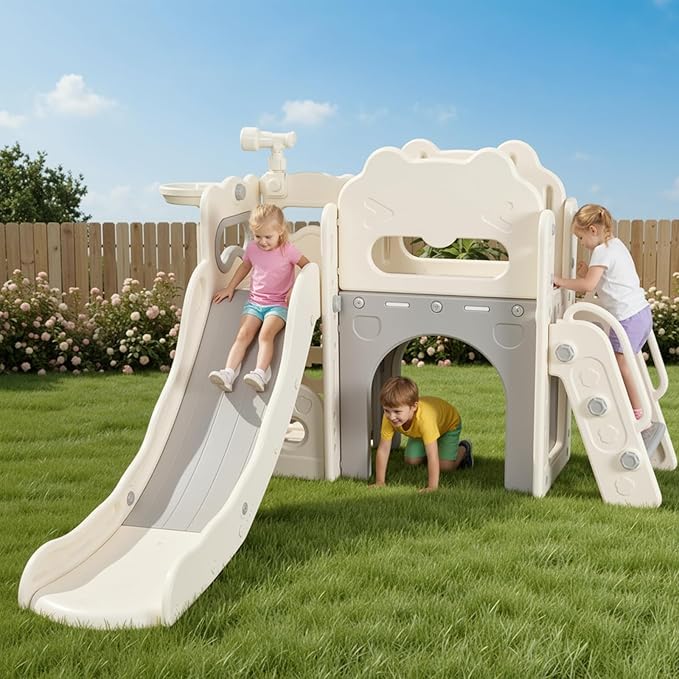 Arlopu 8 in 1 Toddler Slide Playset for Kids, Indoor Outdoor Baby Slide with Basketball Hoop, Telescope & Storage Space, Kids Playground Climber with Enclosed Steps (White Grey)