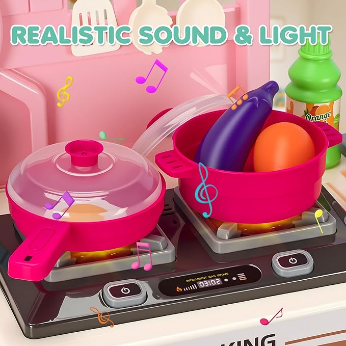 Kids Play Kitchen Set, Toddler Kitchen Playset with Light & Sound, Cooking Stove, Play Sink, Coffee Maker, Play Food Toy and Kitchen Accessories, Kitchen Toy for Kids Girls Boys - Pink