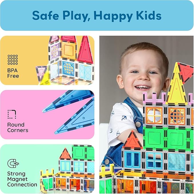 PicassoTiles Magnetic Tiles 61 Piece Magnet Tile Building Blocks Construction Sensory Toy Set with Carry Bag Storage Bin Container STEM Toddler Learning Educational Pretend Play Boy Girl Ages 3+ PT07