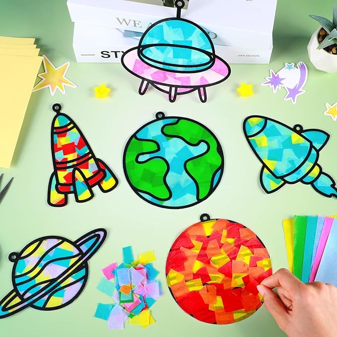 Qyeahkj 36 Set Outer Space Suncatchers Crafts for Kids DIY Solar System Window Tissue Paper Craft Kit Space Hanging Decor for Planet School Home Activity Art Project Birthday Party Favor Gift