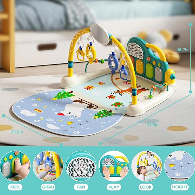 Baby Play Mat Kick and Play Piano Gym，Baby Floor Play Gym Tummy Time Mat，Baby Activity Mat with Music Lightsat and Sensory Toys Boy & Girl Gifts for Infant Newborn 0 to 3 6 9 12 Months (Blue)