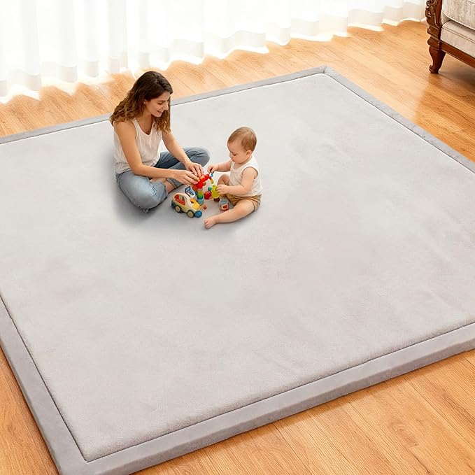Baby Play Mat for Floor, 71'' x 59'' Thicken Foam Soft Padded Playmat for Tummy Time, Playpen Mat for Toddlers, Water-Repellent Coral Velvet, Non-slip Bottom Safe for Crawling (Light Grey)