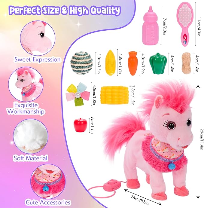 Pink Walking Pony Set Interactive Talking Singing Dancing Horse Walk Along with Remote Control Leash Plush Pony Pet Toy for Kid, Nod Lick Wag Repeat What You Say, 3+ Girl Boy