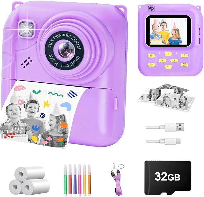 Instant Print Camera for Kids, 1080P Video Camera with 3 Print Rolls, 32GB Card & Cute Cover, Gift for Girls Boys Age 3-12, Toddler Digital Camera with Games, Filters, Music – Purple