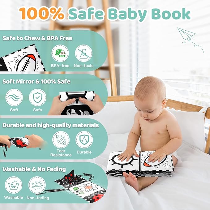 High Contrast Baby Book with Tummy Time Mirror & Contrast Cards | Black and White Visual Stimulation for Newborns 0-6 Months & Infants | Interactive Learning Gift, Baby Shower Essential