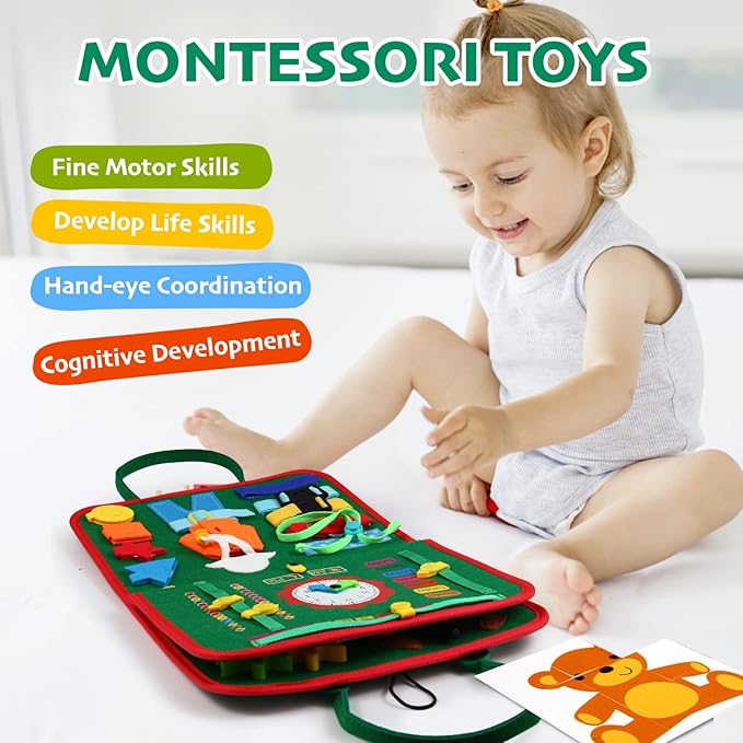Hooku Busy Board for 1 Year Old, Montessori Sensory Toys for Toddlers 1-3, Fine Motor Travel Toys, Toddler Learning Activities, Birthday Gifts for Baby Boy Girl