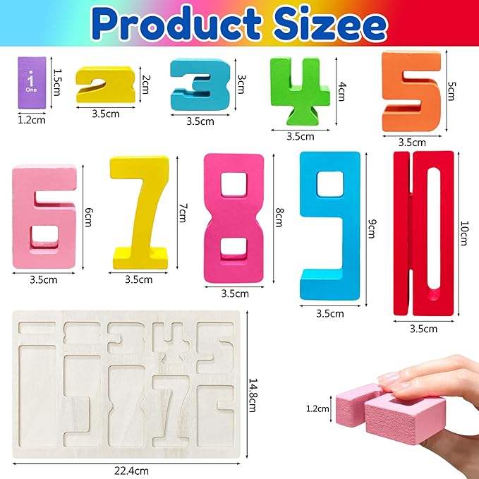 10Pcs Wooden Number Building Blocks, Montessori Number Blocks Math Learning Digital Building Blocks Digital Educational Counting Learning Toys for Parent-Child Interaction Skills Stocking Stuffers