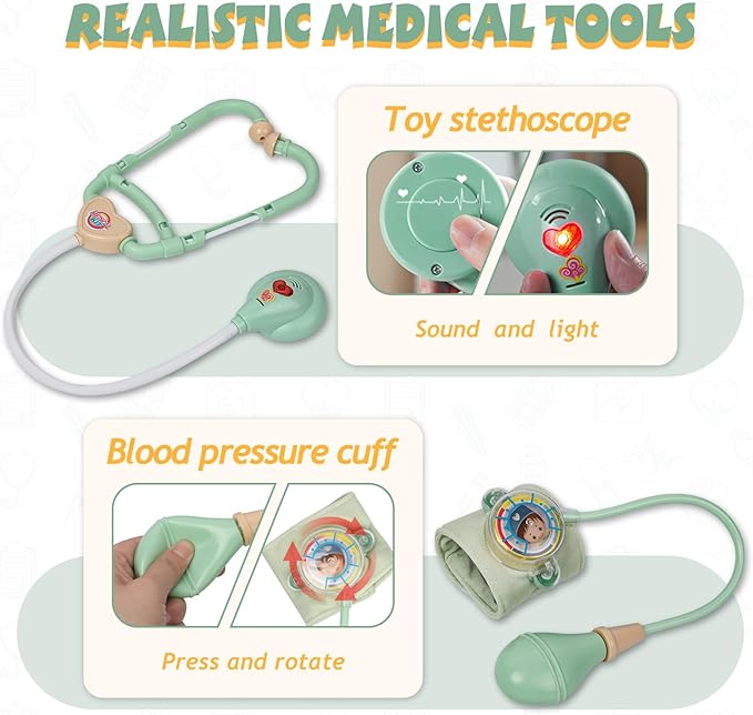 Liberry Doctor Kit for Toddlers 3-5 Years Old, 18-Piece Doctor Bag Pretend Play Toys, Durable Medical Kit with Toy Stethoscope, Green Christmas Birthday Gift for Kids