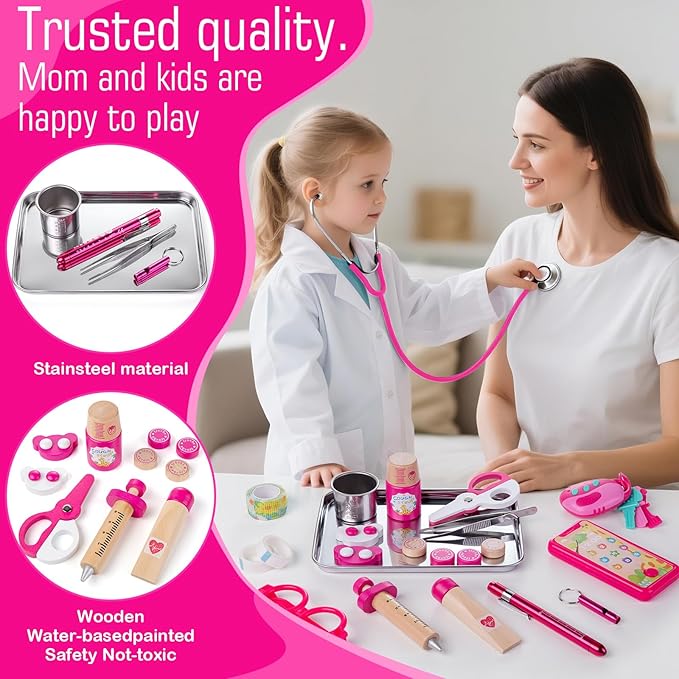 Sundaymot Doctor Kit for Girls, 34 Pcs Pretend Play Doctor Set，Doctor kit for Toddlers 3-5, with Medical Bag, Stethoscope and Other Accessories Doctor Play Gift for Kids Toddlers Role Play