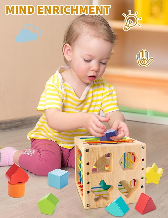 Montessori Toy for Toddlers, Shape Sorter for Babies, Wooden Shape Sorting Cube with 8 Rattling Blocks Baby Toys, Educational Learning Toy, Best Gift for Your Babies Boys Girls