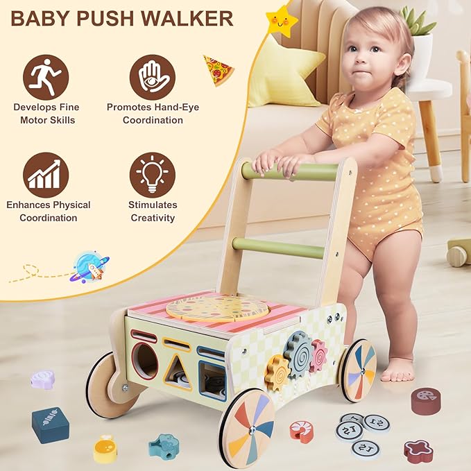 Wooden Baby Walker with Wheels, Montessori Kitchen Walking Toys, Pretend Play Grocery Toys, Sorting and Stacking Toys for Infants and Toddlers, Push and Pull Learning Activity Walkers