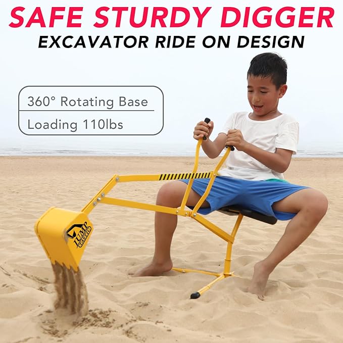 Sand Digger Sandbox Digger Toy, 360°Rotating Base, Sturdy Stable Steel Frame Structure-Metal Bucket, Kids Digger Excavator Digging Toys Excavator Ride on Beach Toys, Ideal for Sand Sandbox Beach Snow