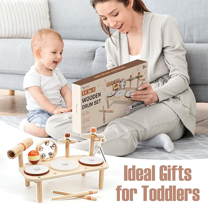 Kids Drum Set - Montessori Toys for 2 Year Old Boy Girl Birthday Gifts, 11 in 1 Wooden Musical Instruments for Toddlers 2-3, Musical Activity Table Preschool Learning Toys for Baby 18+ Months