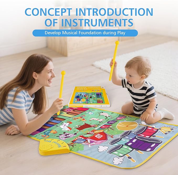 Musical Farm Animals Sounds Piano Mat for Kids, Sensory Educational Learning Toy with Drumset for Toddlers, Interactive Floor Touch Play Mat Dancing Keyboard Carpet for 1-5 Year Old Boy Girl Gifts