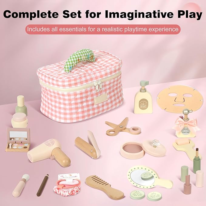 Wooden Makeup Toy Set, Pretend Play Makeup Set for Kids Toddlers, Play Beauty Makeup Kit for Girls 3 4 5 6 7 Year Old