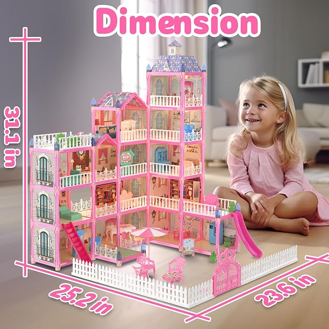 15 Rooms Doll House for Kid, 374Pcs Play Castle Furniture Playsets for Girls, Birthday Gifts for 3 4 5 6 7 8 9 10 11 12 Years Old Kids Toddlers