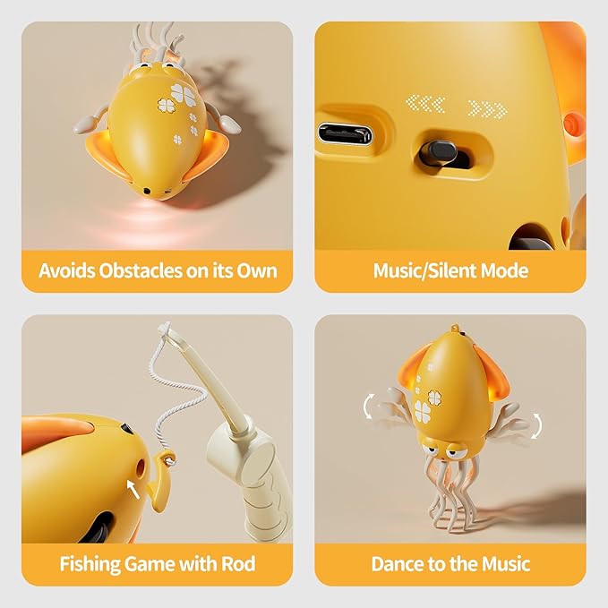 Electric Crawling Octopus Toy with LED Lights & Music, Smart Obstacle Avoidance, Interactive Auto-Dance Octopus for Gifts, Toddlers, Indoor Fun, Brings Endless Giggles (Yellow)