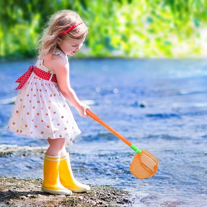 4 Pieces Fishing Net Catching Bug Fish Butterfly Nets Beach Toys for Kids Outdoor Playing (Orange, Rose Red)