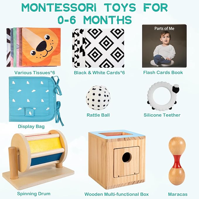 Montessori Toys for Babies 0-6 Months, 9 in 1 Learning Educational Sensory Toys for Newborn 0-3-6 Months, Includes High Contrast Cards, Baby Tissue Box Toy, Spinning Drum, Teether and More