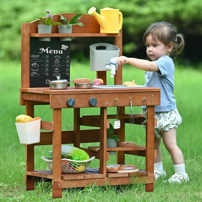 Kids Mud Kitchen Outdoor 23.6in, Wooden Play Kitchen with Sink & Stove, Utensils, Mud Kitchen for Kids Outdoor