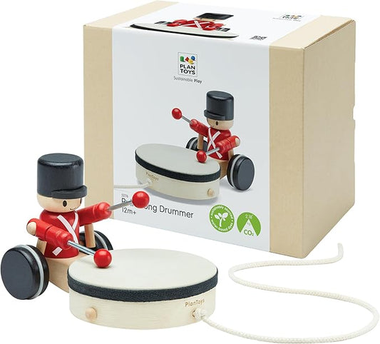 PlanToys® Wooden Pull Along Drummer | Musical Toy That Encourages Rhythm, Coordination & Focus | Montessori Eco-Friendly Educational Toy for Active & Imaginative Play