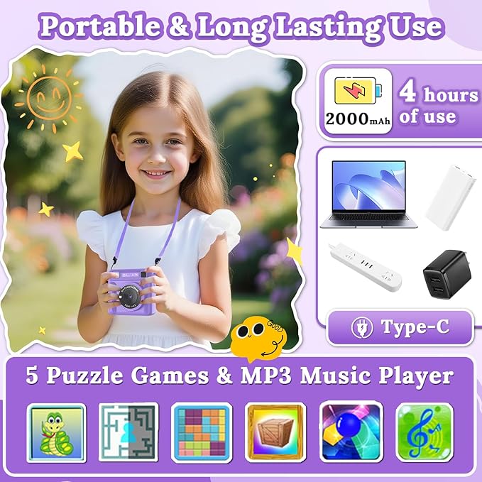 Kids Camera Instant Print, HD Digital Video Recorder with 32GB SD Card, Gifts for 3-12 Year Old Girls and Boys, Portable Toy for Toddlers and Kids(Purple)