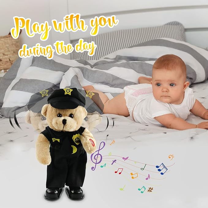 Houwsbaby 14" Electronic Police Teddy Bear Stuffed Animal Dancing Music Singing Waving Interactive Teddy Bear Plush Toy Presents for Kids Boys Girls Birthday