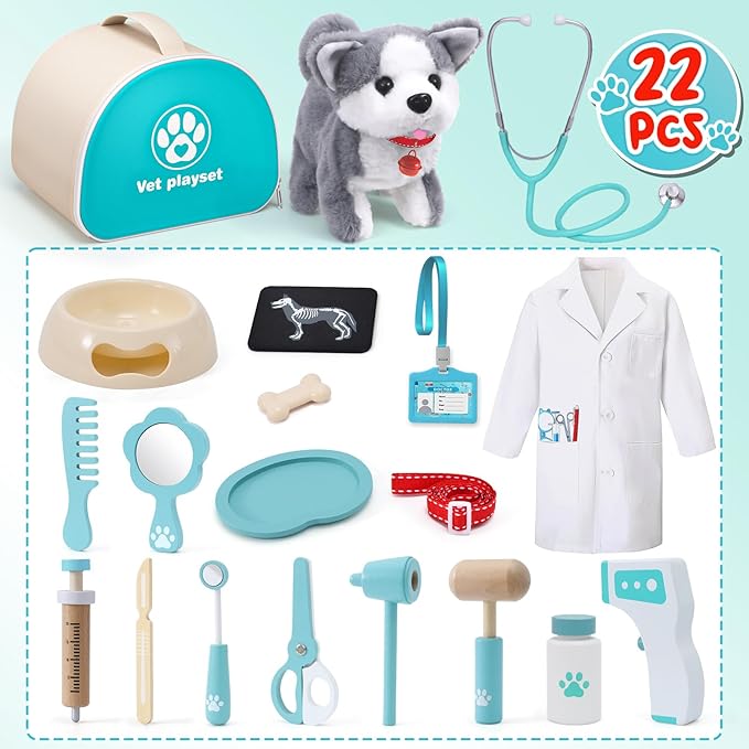 Lorfancy 22 Pcs Kids Doctor Kit Dog Toys Toddlers Wooden Veterinarian Playset Walking Barking Electronic Stuffed Dog Vet Costume Puppy Pet Pretend Play Gifts for Girls Boys 3 4 5 6+ Year Old