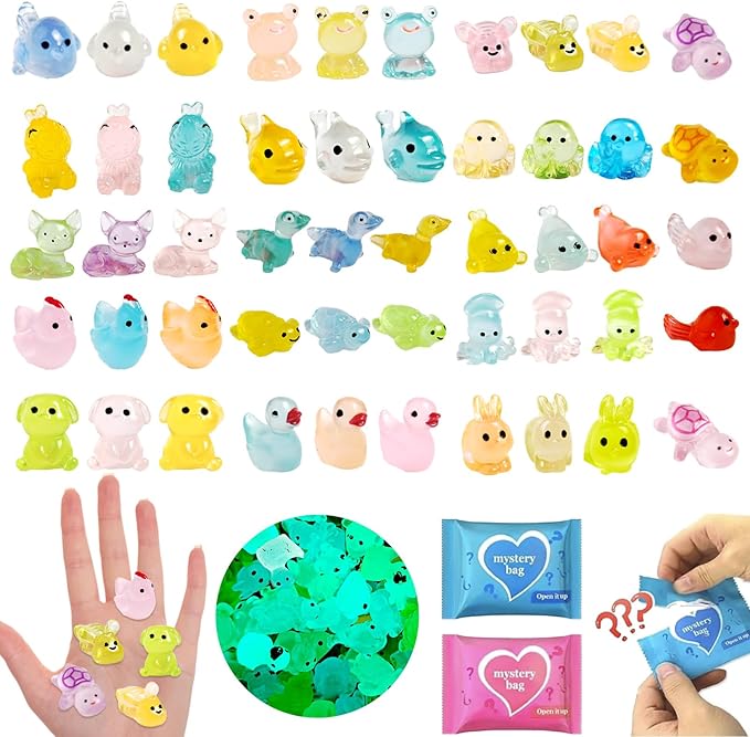 100 Pcs Mystery Bag Mini Resin Animals Glow in The Dark Figurines, Mini Figures Blind Bags for DIY Crafts, Fairy Garden Decor, Dollhouse Accessories, Party Favors, Surprise Gifts for Kids