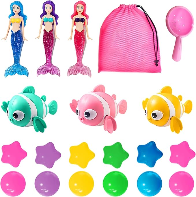 Baby Bath Toys for Kids - 20 PCS Little Mermaid Dolls, Wind Up Swimming Fish, Balls, Scoop and Storage Bag. Mold-Free Toddler Water Toys for Bathtub and Pool Diving, Gift for Girls Ages 1-3, 4-8