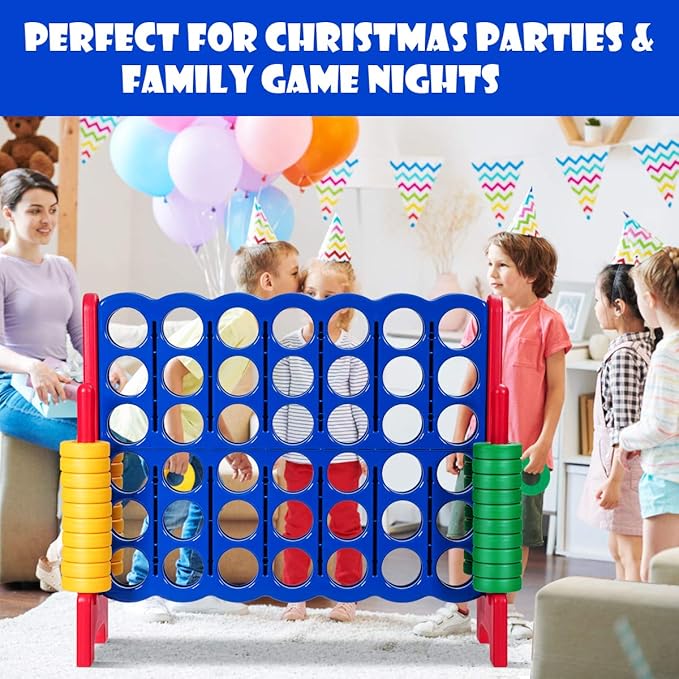 COSTWAY Jumbo 4-to-Score Giant Game Set, 4 in A Row for Kids and Adults, 3.5FT Tall Indoor & Outdoor Game Set with 42 Jumbo Rings & Quick-Release Slider, Perfect for Holiday Party & Family Game, Red