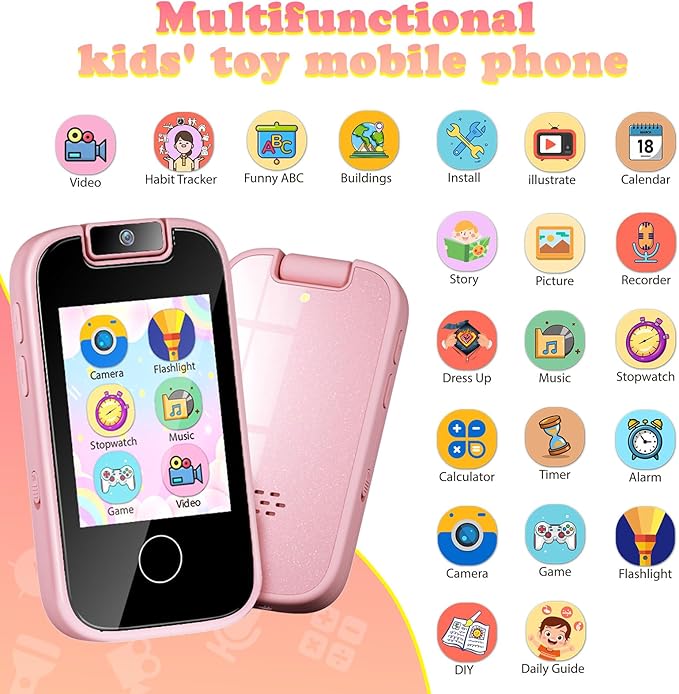 PTHTECHUS Kids Phone Toys for Girls Boys - Toddler Touchscreen MP3 Music Player with Dual Camera, Habit Tracker, Games, Alphabet, Educational Learning Toys Birthday Gifts for 3-7 with SD Card Pink