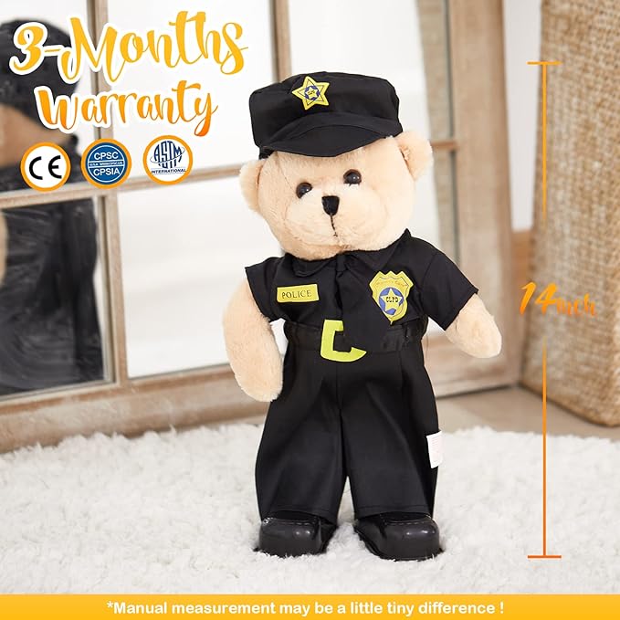 Houwsbaby 14" Electronic Police Teddy Bear Stuffed Animal Dancing Music Singing Waving Interactive Teddy Bear Plush Toy Presents for Kids Boys Girls Birthday