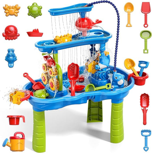 3-Tier Water Table with Pump for Toddlers Kids Ages 3-5 4-8, Outdoor Water and Sand Table Beach Toys, Toddler Activity Sensory Water Sand Table with Rain Showers Splash Pond for Kids Boys Girls