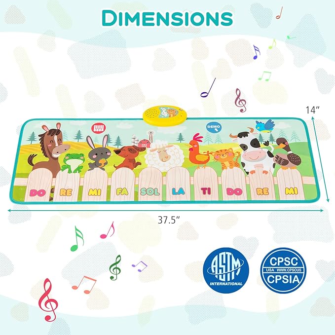 HONEY JOY Musical Piano Mat for Toddlers, Dancing Keyboard Music Carpet, Animal Sounds Blanket Touch Playmat, Early Sensory Educational Learning Toys for 3+ Years Old Baby Girls Boys (10-Key)