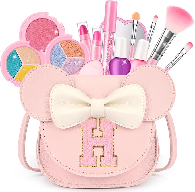 Kids Makeup Kit for Girls - 15 Pcs Real Washable Make Up Set - Non Toxic Toddlers Cosmetic with Letter Mouse Ear Purse - Dress up Birthday Gifts for 3 4 5 6 7 8 Years Old Girls - H