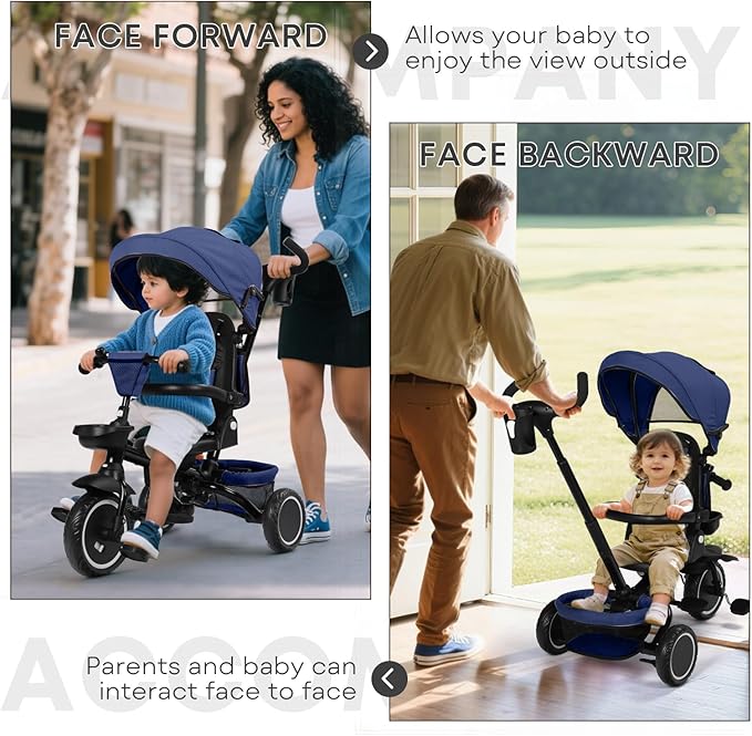 Kinder King Kids Tricycle, 8 in 1 Folding Toddler Trike w/Adjustable Push Handle, Rotatable Seat, Adjustable Canopy, Bell, Five-Point Harness, Storage, Toddler Stroller Bike for Age 6 Months+, Blue