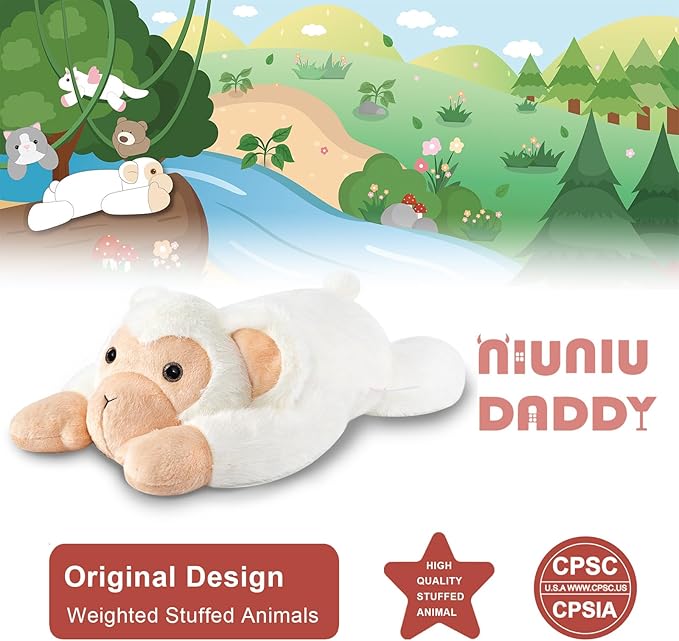 Niuniu Daddy 20" | 3.3 Pound Monkey Weighted Stuffed Animals, Large White Monkey Pillowfort Plush Lap Animal Toys for Kids Adults, Giant Plushy Body Pillow for Gifts Birthday Christmas Holiday