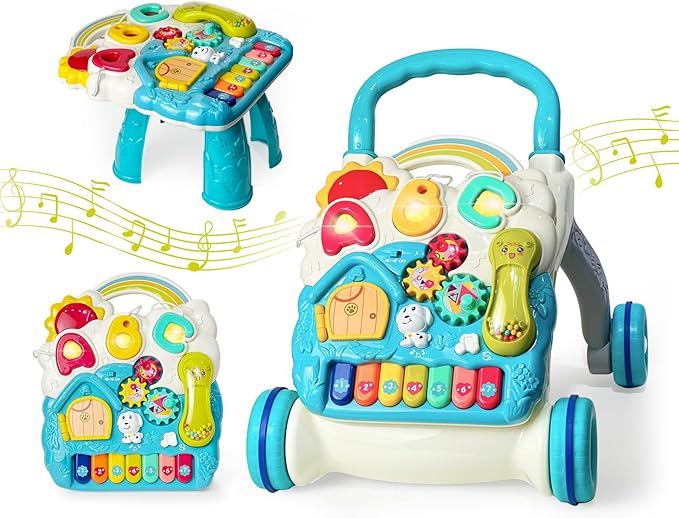 Sit to Stand Baby Walker, Activity Center with Music and Light, Activity Table for Toddlers, Push Toys for Babies Learning to Walk, Early Education Toys for Infant Boys Girls 6 Months Up (Blue)