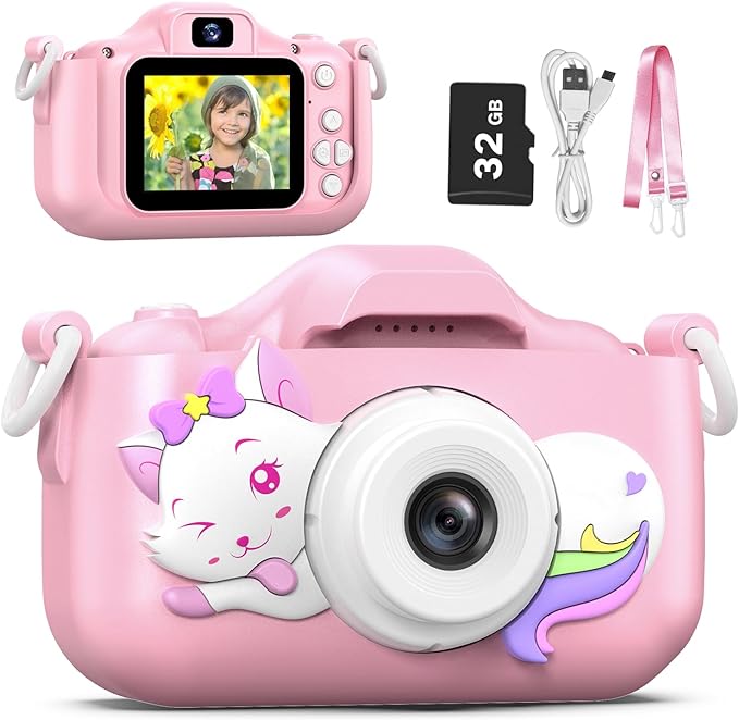Goopow Kids Selfie Camera Toys for Girls Age 3-9, Digital Video Camera Toy with Protective Cover,Christmas Birthday Festival Gifts for 3-9 Year Old Girls Boys- 32GB SD Card Included (DC-H21-PINK)
