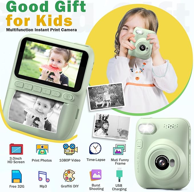 Kids Camera Instant Print | Birthday Graduation Gifts for Kids Age 3 4 5 6 7 8 9 | Toddler Portable Travel Print Digital Camera Outdoor Toy for 3-12 Boys Girls (Green)