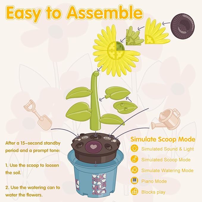 Musical Sunflower Piano Game Machine, Interactive Building Blocks Toy with Watering Can (Sunflower)